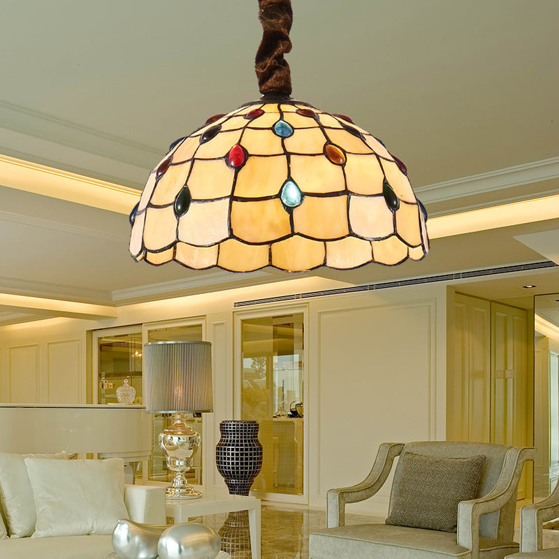 Tiffany Stained Glass Hanging Lamp - 12" or 16" Wide Bowl - 1 Bulb - Beige Color - Colorful Bead Accents