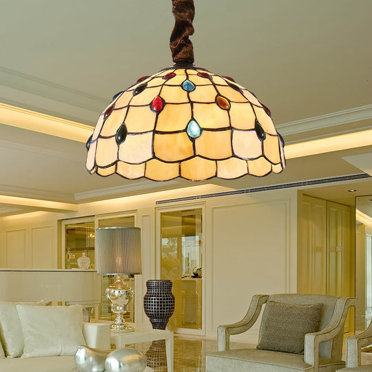 Tiffany Style Stained Glass Hanging Light With Colorful Beads - 1 Bulb 12/16 Wide Bowl Design Beige