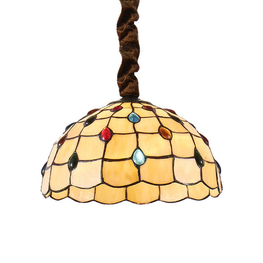 Tiffany Stained Glass Hanging Lamp - 12" or 16" Wide Bowl - 1 Bulb - Beige Color - Colorful Bead Accents