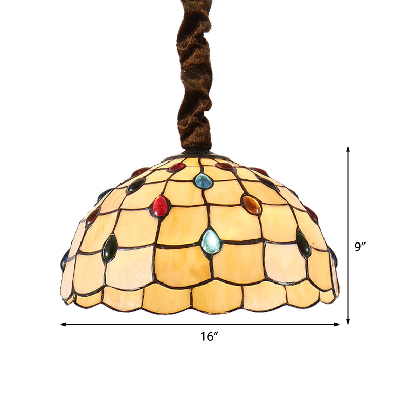 Tiffany Stained Glass Hanging Lamp - 12" or 16" Wide Bowl - 1 Bulb - Beige Color - Colorful Bead Accents