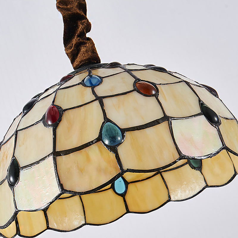 Tiffany Stained Glass Hanging Lamp - 12" or 16" Wide Bowl - 1 Bulb - Beige Color - Colorful Bead Accents