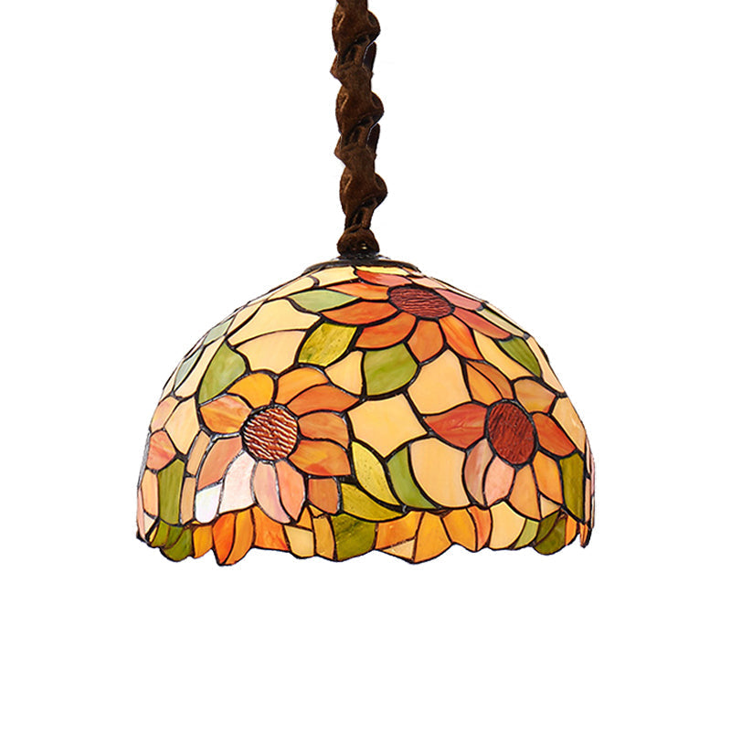 Victorian Orange Stained Glass Sunflower Pendant Lamp - Down Lighting 12/16 Wide