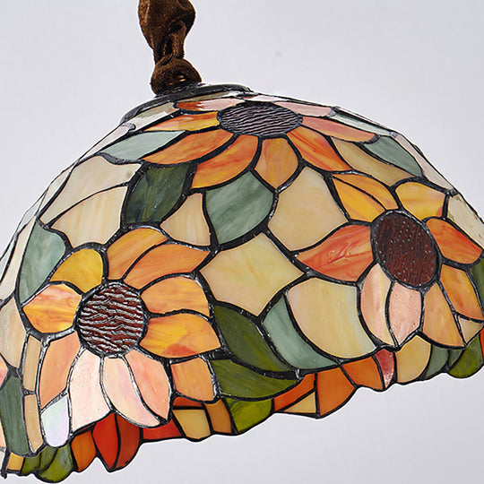 Victorian Orange Stained Glass Sunflower Pendant Lamp - Down Lighting 12/16 Wide