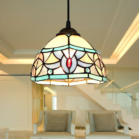 Mini Pendant Stained Glass Lamp: Tiffany Style Hanging Light for Bedroom in Antique Bronze