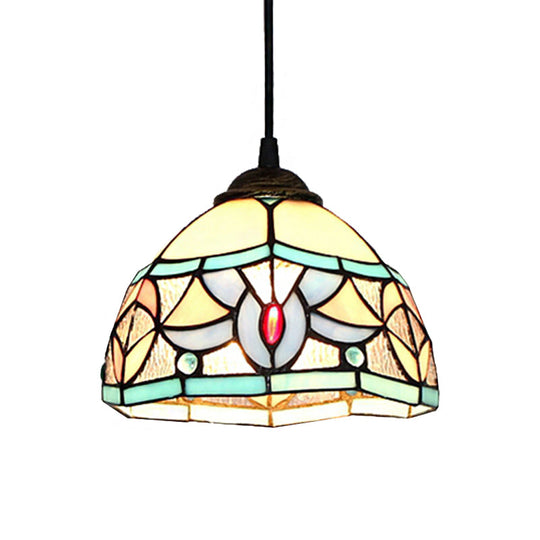 Mini Pendant Stained Glass Lamp: Tiffany Style Hanging Light for Bedroom in Antique Bronze