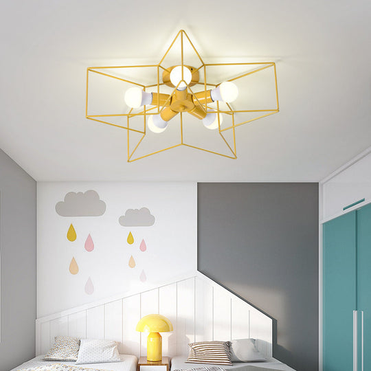 5-Light Industrial Ceiling Lamp for Kid's Bedroom with Star Cage Design