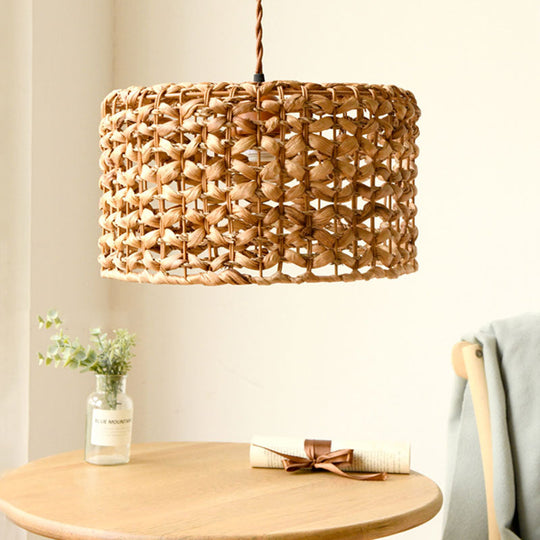 Drum Cottage Hotel Suspension Light Rattan Pendant In Beige - 1 Asian Stylish Design