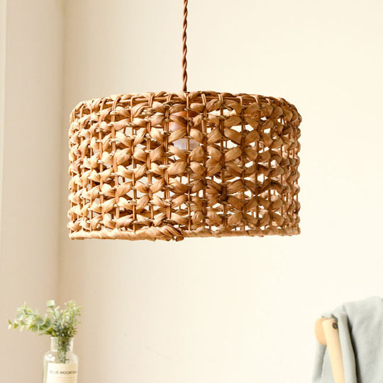 Drum Cottage Hotel Suspension Light Rattan Pendant In Beige - 1 Asian Stylish Design