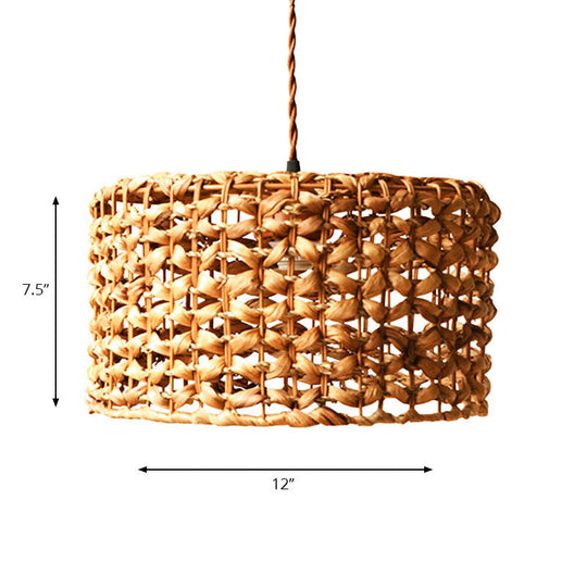 Drum Cottage Hotel Suspension Light Rattan Pendant In Beige - 1 Asian Stylish Design