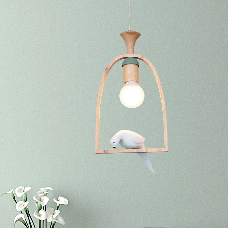 Rustic Wood Bird Cage Pendant Light With Pigeon Cafe - 1 Head Lamp