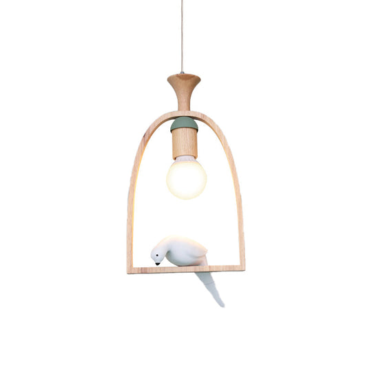 Rustic Wood Bird Cage Pendant Light With Pigeon Cafe - 1 Head Lamp