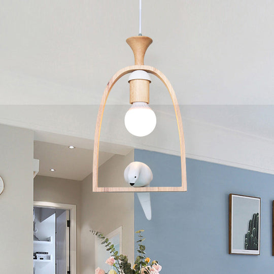 Wooden Pendant Light With Open Bulb Style And White Pigeon Design - 1 Head Hanging Lamp For