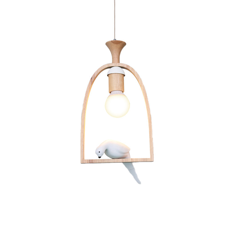 Wooden Pendant Light With Open Bulb Style And White Pigeon Design - 1 Head Hanging Lamp For