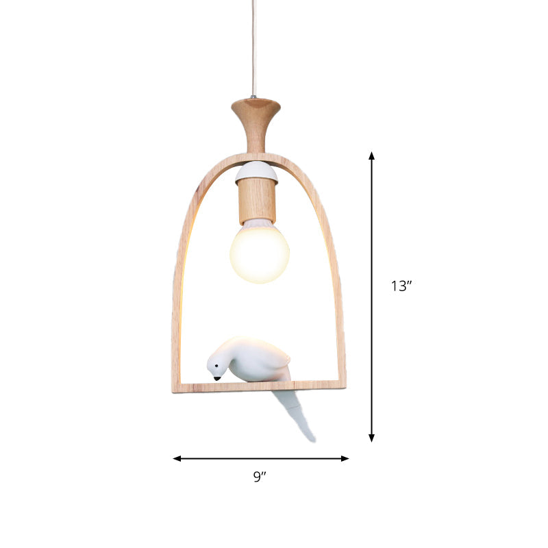 Wooden Pendant Light With Open Bulb Style And White Pigeon Design - 1 Head Hanging Lamp For