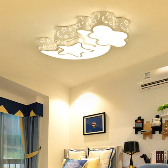 Modern Metal Etched Star Moon Flush Ceiling Light In White For Foyer