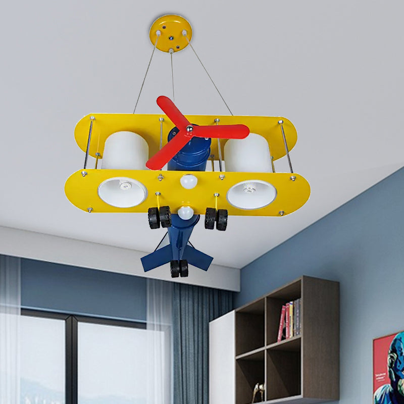 Cartoon Yellow Propeller Plane Pendant Lamp For Childs Bedroom - Metal Finish Chandelier