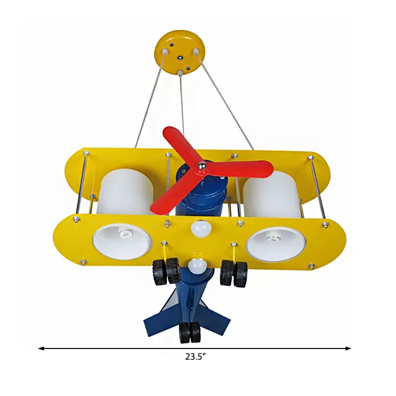 Cartoon Yellow Propeller Plane Pendant Lamp For Childs Bedroom - Metal Finish Chandelier