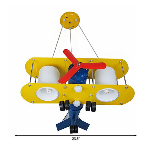 Cartoon Yellow Propeller Plane Pendant Lamp For Childs Bedroom - Metal Finish Chandelier