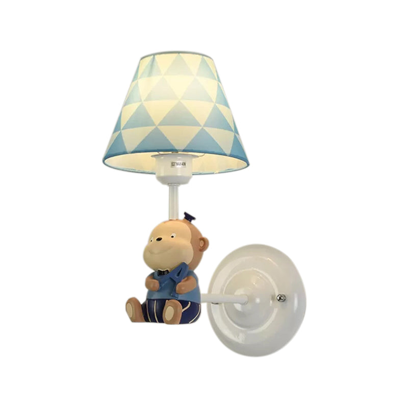 Blue Resin Monkey Sconce Light With Fabric Shade Single Bulb Animal Wall Lamp For Bedroom