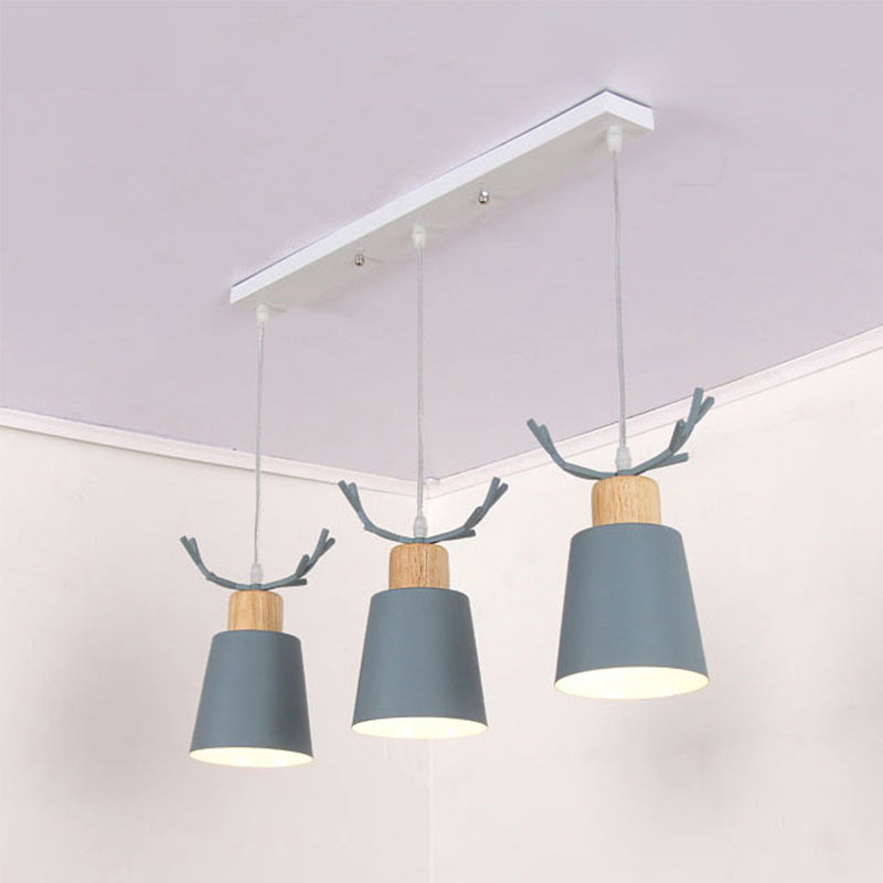 Antler Metal Foyer Pendant Light: Bucket Shape 3 Heads Macaron Style Grey