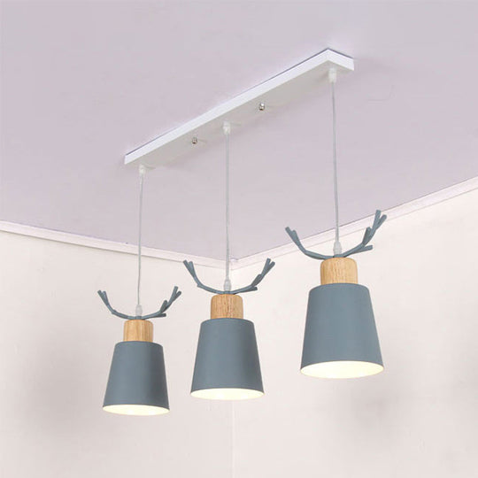 Antler Metal Foyer Pendant Light: Bucket Shape 3 Heads Macaron Style Grey