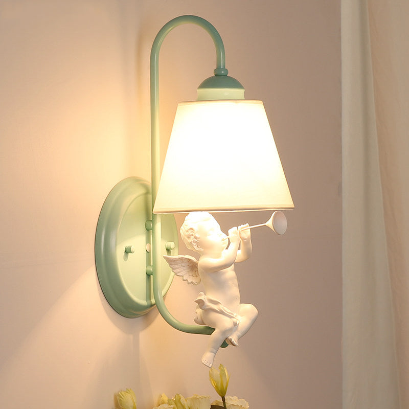 Green Little Angel Wall Light With Fabric Shade - Nordic Style Sconce For Kids Bedroom