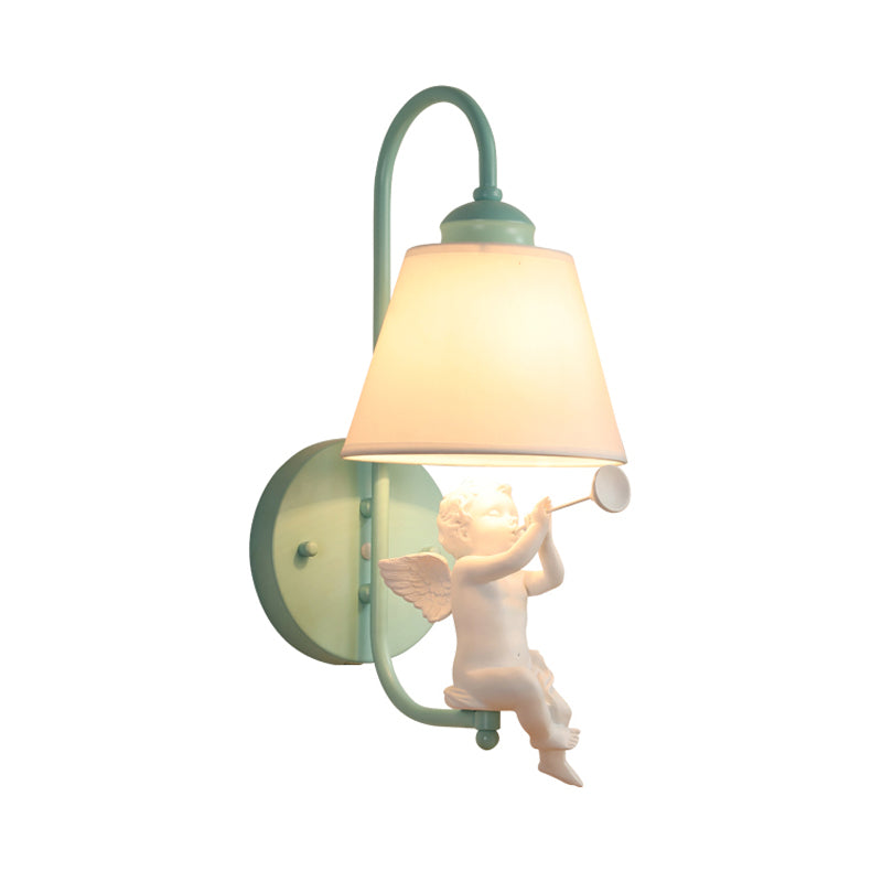 Green Little Angel Wall Light With Fabric Shade - Nordic Style Sconce For Kids Bedroom