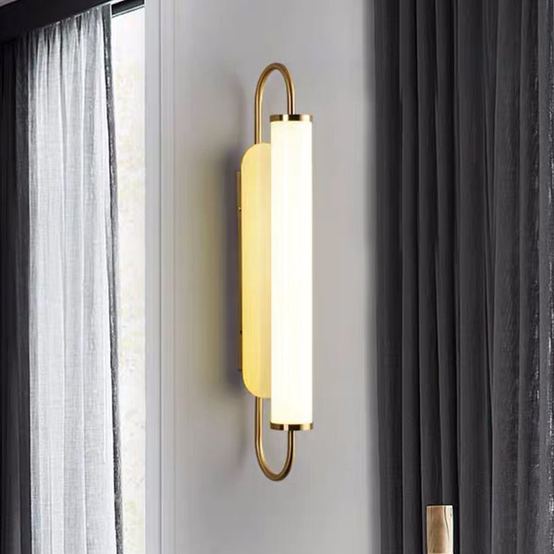 Modern Led Brass Wall Light Fixture With Oval Frame And Opal Glass Shade