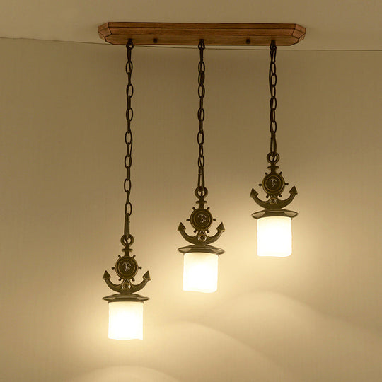 Kids Black Cylinder Pendant Light With Anchor Top - 3 Bulbs White Glass Hanging Lamp Kit