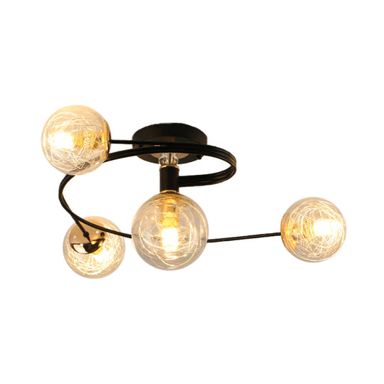 Sleek And Elegant 4-Bulb Black Semi Flush Mount Ceiling Light With Orb Shade Transparent Glass