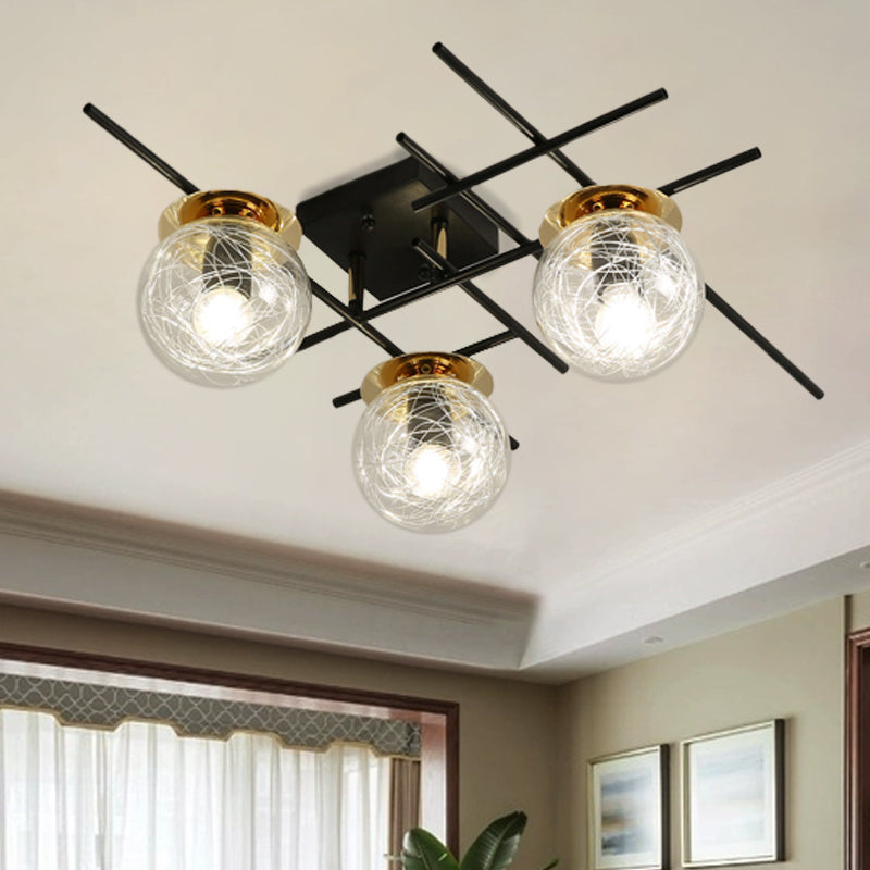 Minimalistic 3-Head Semi-Flush Ceiling Light with Clear/Smoke Gray Glass for Bedroom