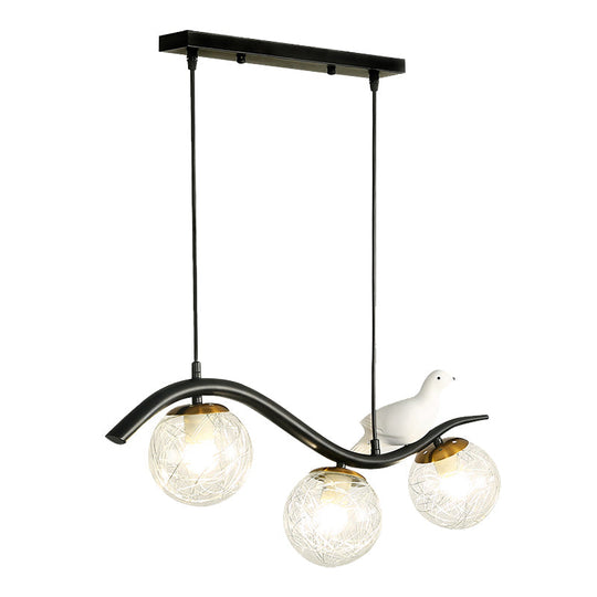 Modern 3-Head Black Island Pendant Lamp With Clear/White Glass Shades And Pigeon Decor