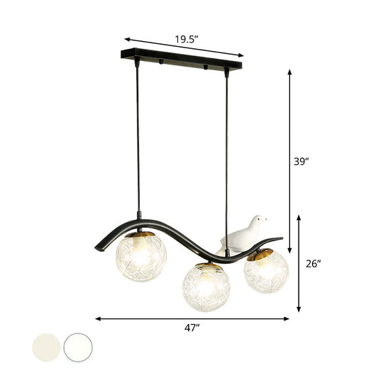 Modern 3-Head Black Island Pendant Lamp With Clear/White Glass Shades And Pigeon Decor