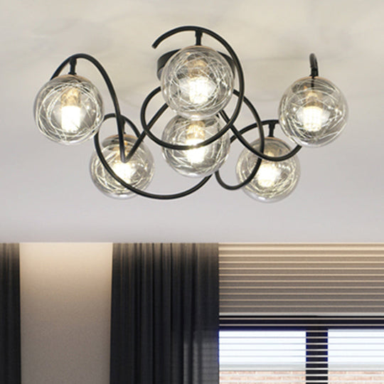 Simple Black Semi Flush Mount Ceiling Lamp with 6 Bulbs and Global Clear/Smoke Gray Glass Shade