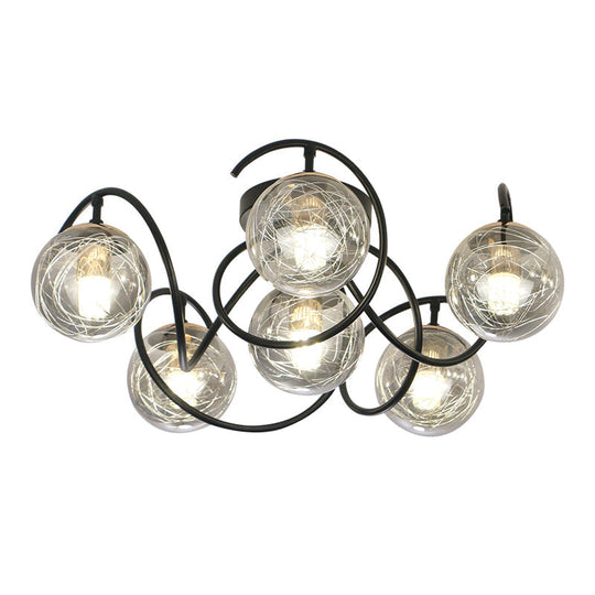 Simple Black Semi Flush Mount Ceiling Lamp with 6 Bulbs and Global Clear/Smoke Gray Glass Shade