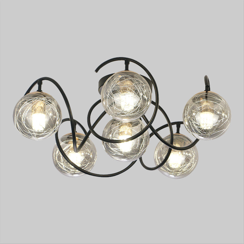 Simple Black Semi Flush Mount Ceiling Lamp with 6 Bulbs and Global Clear/Smoke Gray Glass Shade