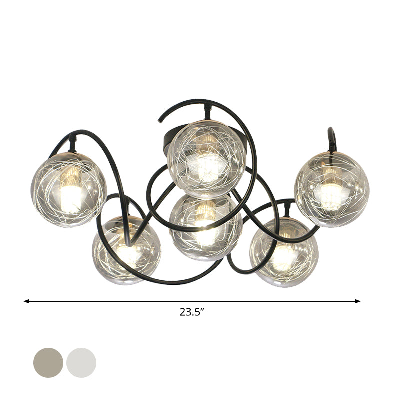 Simple Black Semi Flush Mount Ceiling Lamp with 6 Bulbs and Global Clear/Smoke Gray Glass Shade