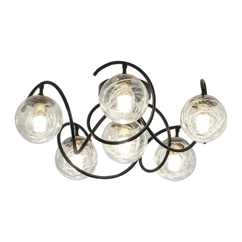 Simple Black Semi Flush Mount Ceiling Lamp with 6 Bulbs and Global Clear/Smoke Gray Glass Shade