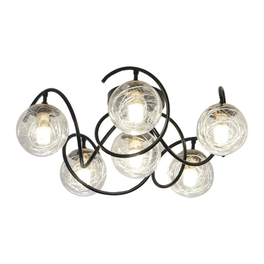 Simple Black Semi Flush Mount Ceiling Lamp with 6 Bulbs and Global Clear/Smoke Gray Glass Shade