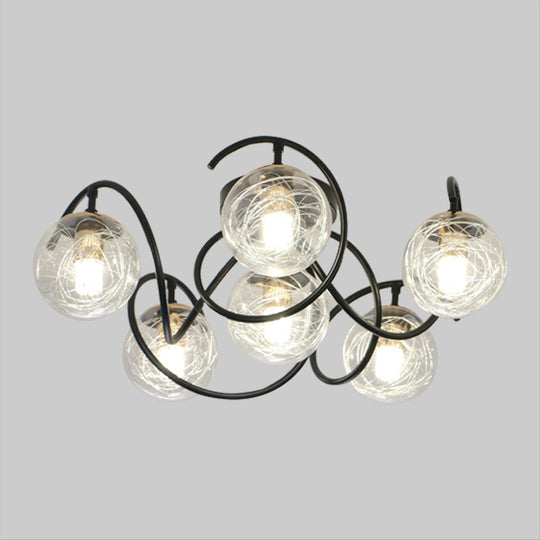 Simple Black Semi Flush Mount Ceiling Lamp with 6 Bulbs and Global Clear/Smoke Gray Glass Shade