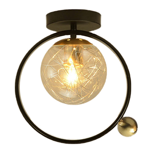 Contemporary Clear Glass Ceiling Light: Spherical Semi Flush Fixture with Single Bulb, Black Mount and Globe/Bird Decor