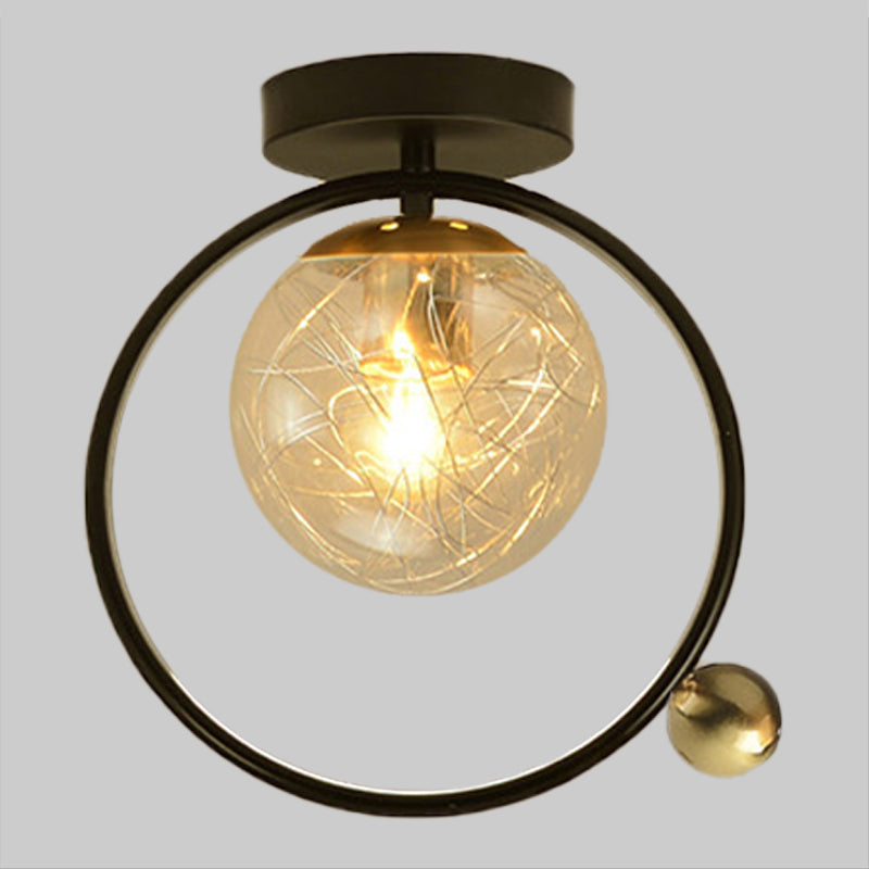 Contemporary Clear Glass Ceiling Light: Spherical Semi Flush Fixture with Single Bulb, Black Mount and Globe/Bird Decor