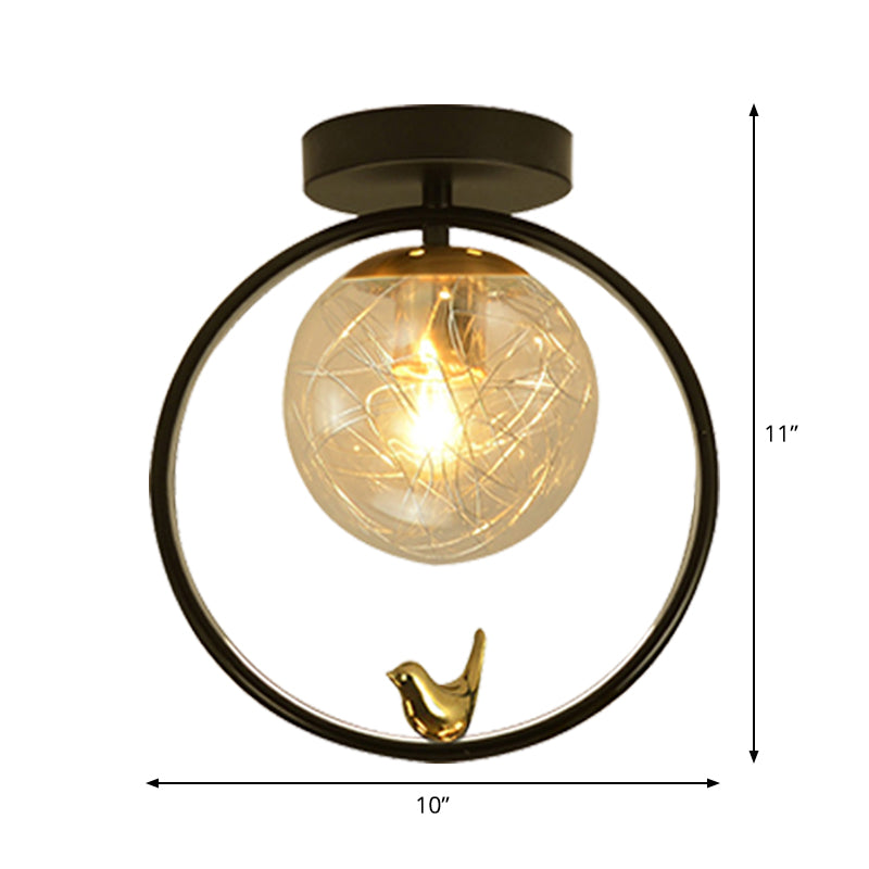 Contemporary Clear Glass Ceiling Light: Spherical Semi Flush Fixture with Single Bulb, Black Mount and Globe/Bird Decor