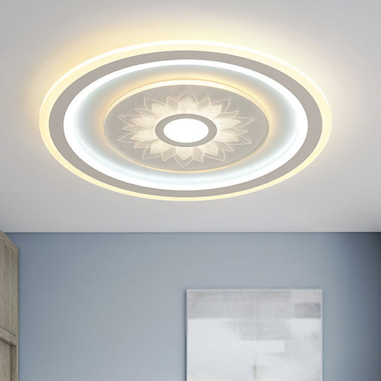 Contemporary Circular LED Ceiling Light Fixture with White Acrylic Flushmount and Elegant Flower Pattern