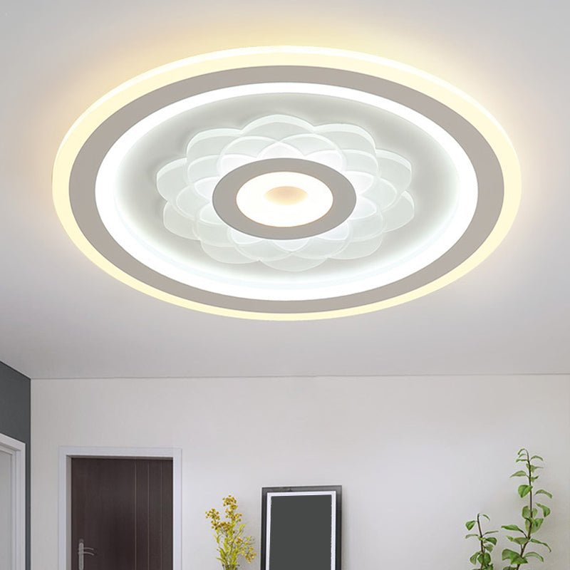 Contemporary Circular LED Ceiling Light Fixture with White Acrylic Flushmount and Elegant Flower Pattern