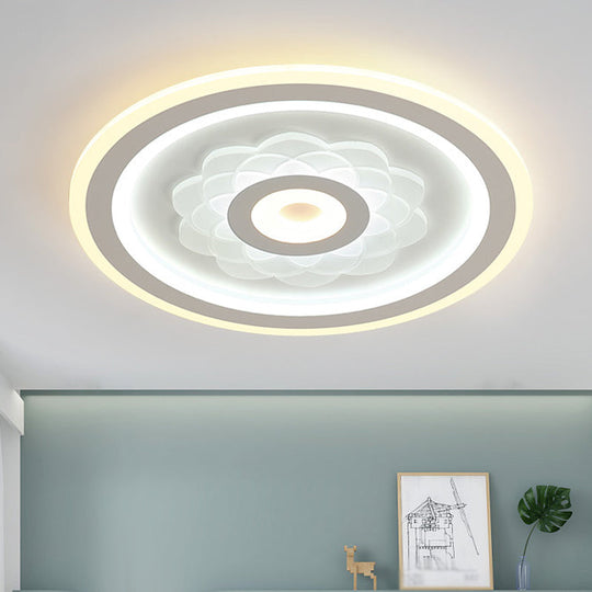 Contemporary Circular LED Ceiling Light Fixture with White Acrylic Flushmount and Elegant Flower Pattern