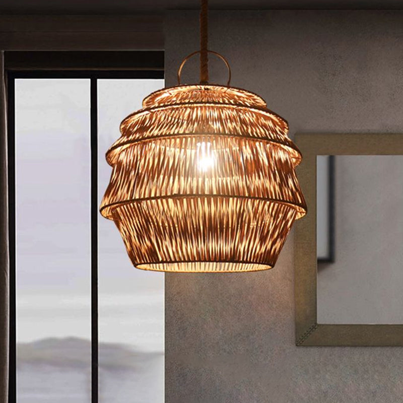 Rustic 1-Light Bamboo Pendant Ceiling Lamp - Beige/Coffee Tone For Dining Room