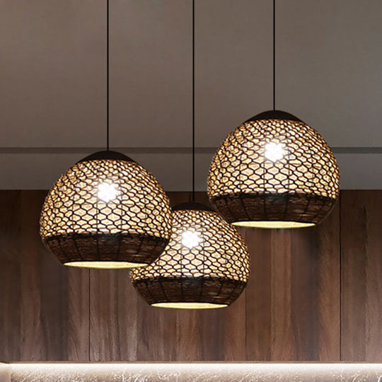 Flaxen Rope Globe Pendant Lamp - Asian Inspired Dining Room Lighting With Hollow-Out Design