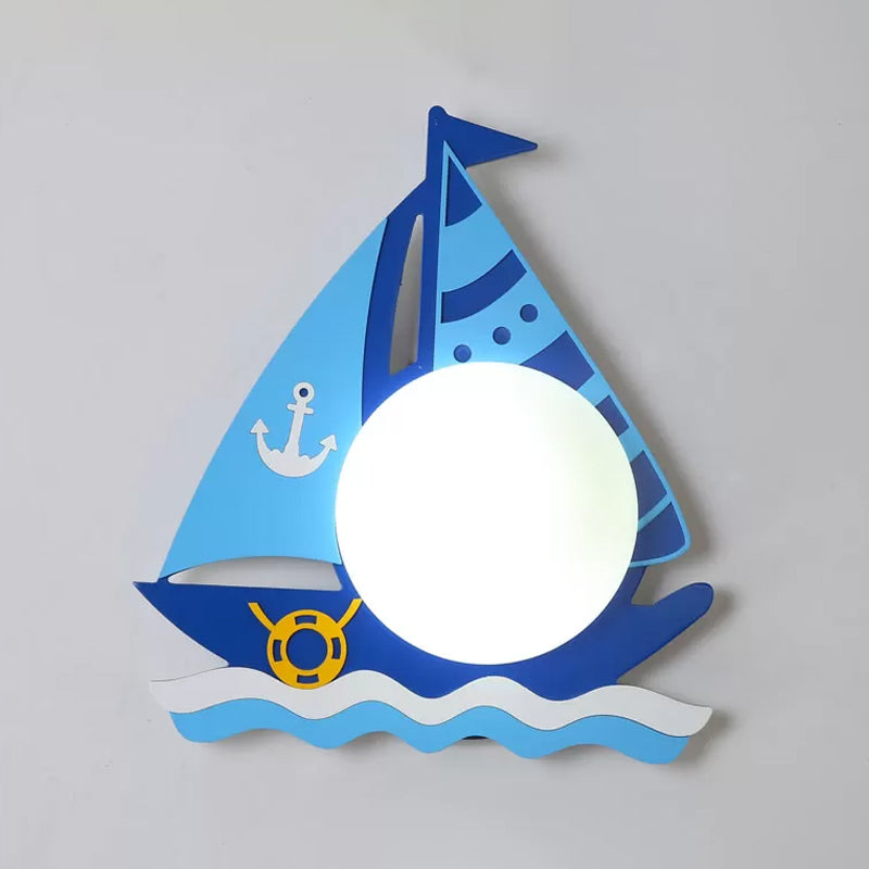 Kids Blue Timber Sailboat Wall Sconce With Circular Glass Shade