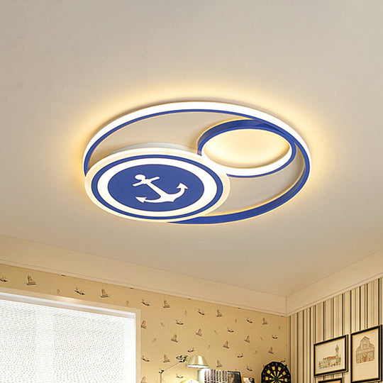 Blue Anchor Pattern LED Flush Light - Round Mediterranean Acrylic Ceiling Fixture